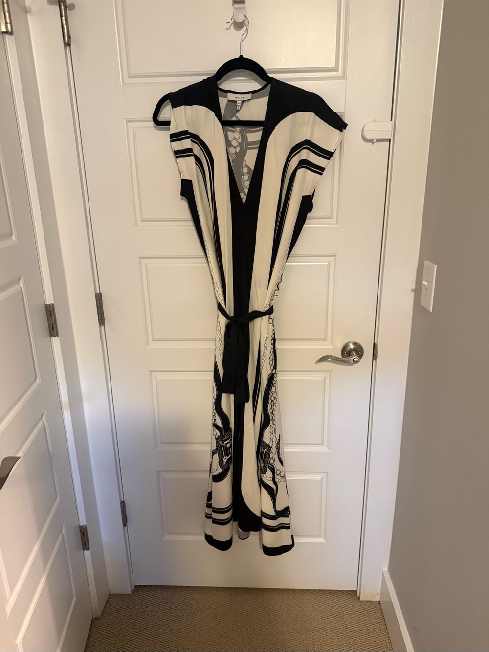 Reiss Black and Cream Patterned Dress with Contrast Trim